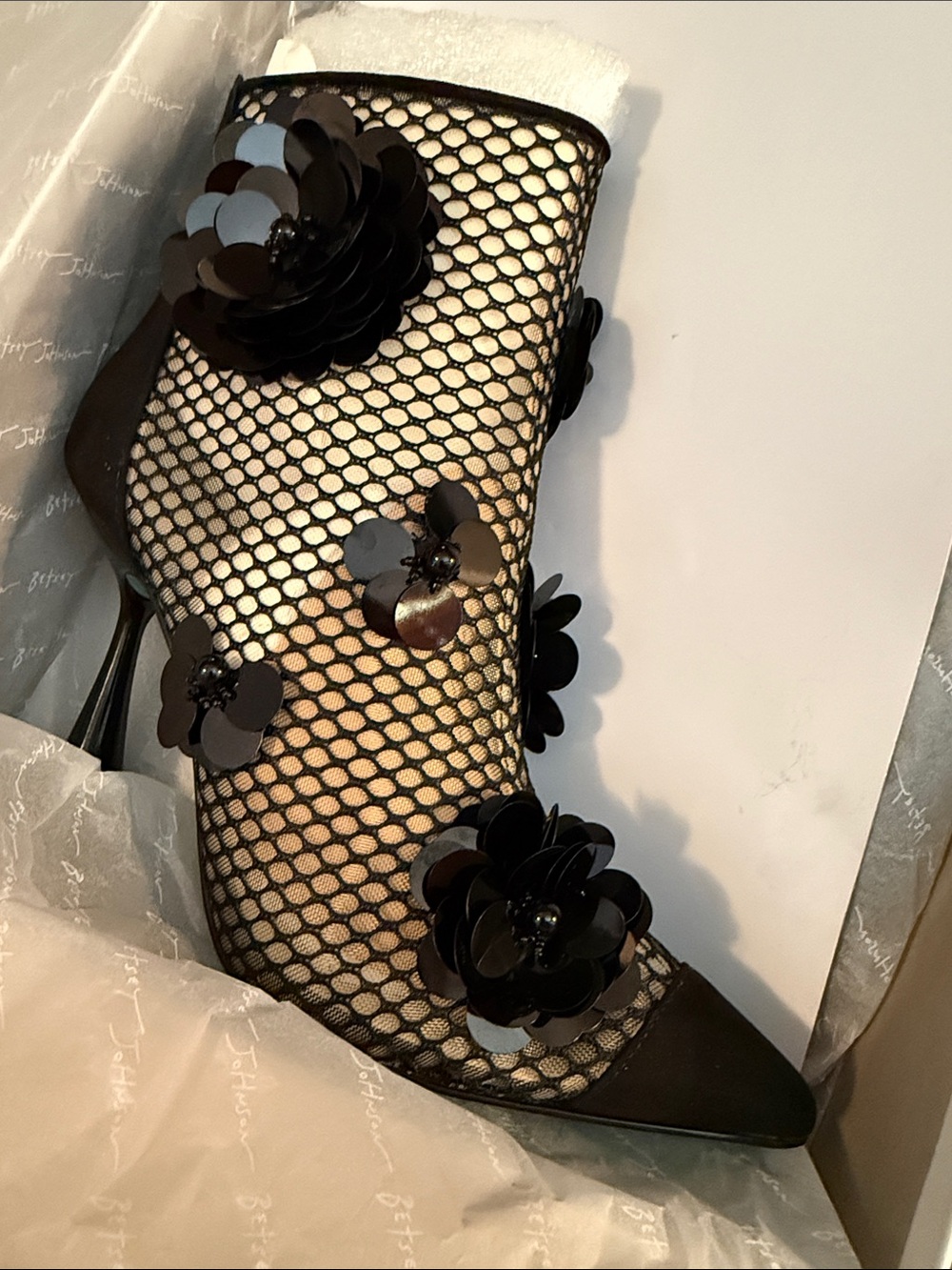 Black Floral Mesh Pointed Toe Ankle Bootie - Women Accessories